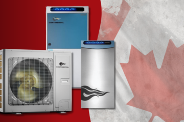 Product shot of Continental's Canadian-made heat pumps and furnaces atop a Canadian flag - one of the local HVAC brands Vision Plumbing Heating Cooling offers.