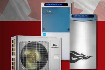 Product shot of Continental's Canadian-made heat pumps and furnaces atop a Canadian flag - one of the local HVAC brands Vision Plumbing Heating Cooling offers.