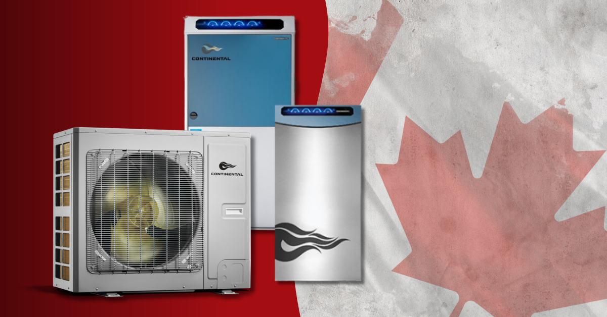 Product shot of Continental's Canadian-made heat pumps and furnaces atop a Canadian flag - one of the local HVAC brands Vision Plumbing Heating Cooling offers.
