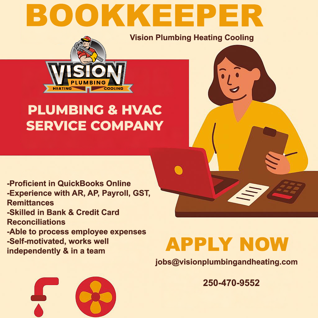 Flyer outlining that Vision Plumbing Heating Cooling is hiring a bookkeeper in the Okanagan