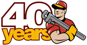 Plumber from Vision's logo overlapping text that says "40 Years" as a celebration of 2026 marking Vision Plumbing Heating Cooling's 40th year in business.