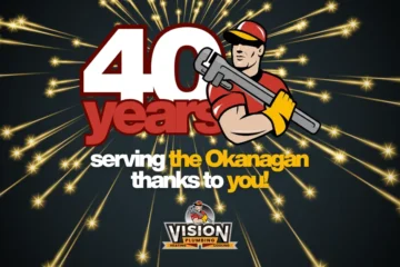 Plumber from Vision's logo overlapping text that says "40 Years serving the Okanagan thanks to you!" as a celebration of 2026 marking Vision Plumbing Heating Cooling's 40th year in business.