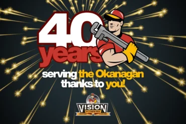 Plumber from Vision's logo overlapping text that says "40 Years serving the Okanagan thanks to you!" as a celebration of 2026 marking Vision Plumbing Heating Cooling's 40th year in business.