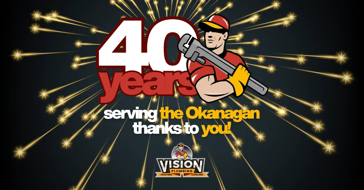 Plumber from Vision's logo overlapping text that says "40 Years serving the Okanagan thanks to you!" as a celebration of 2026 marking Vision Plumbing Heating Cooling's 40th year in business.