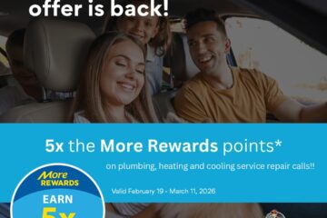 Promo image saying that from Feb 19th to March 11th, 2026, you can earn 5x More Rewards Points on all plumbing & HVAC repairs from Vision Plumbing Heating Cooling in Kelowna and the Okanagan.