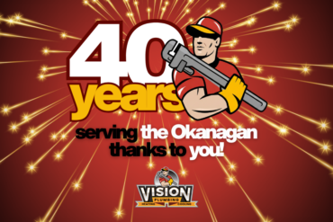 Plumber from Vision's logo overlapping text that says "40 Years serving the Okanagan thanks to you!" as a celebration of 2026 marking Vision Plumbing Heating Cooling's 40th year in business.