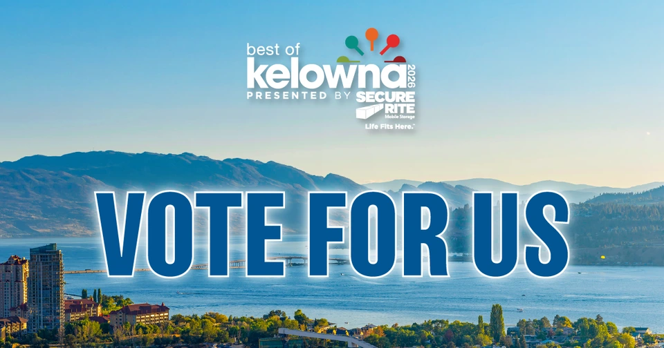 Banner telling people to vote for Vision Plumbing Heating Cooling as the best plumber in Kelowna for the 2026 Best of Kelowna awards.