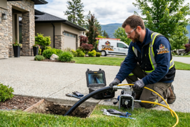 Plumbing technician performing trenchless pipe lining on a residential property.