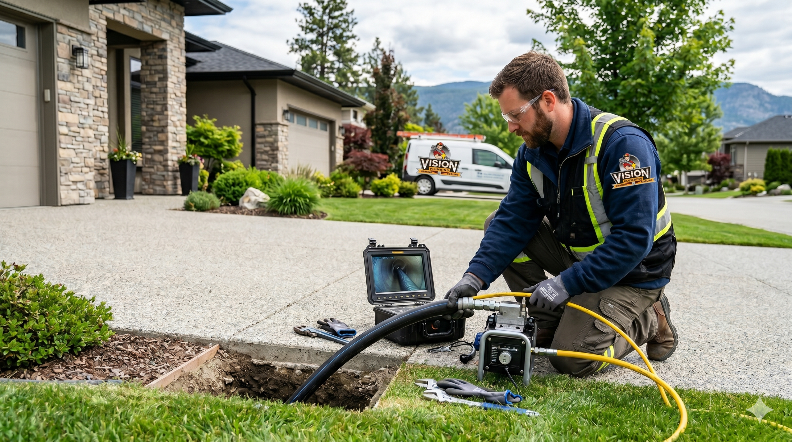 Plumbing technician performing trenchless pipe lining on a residential property.