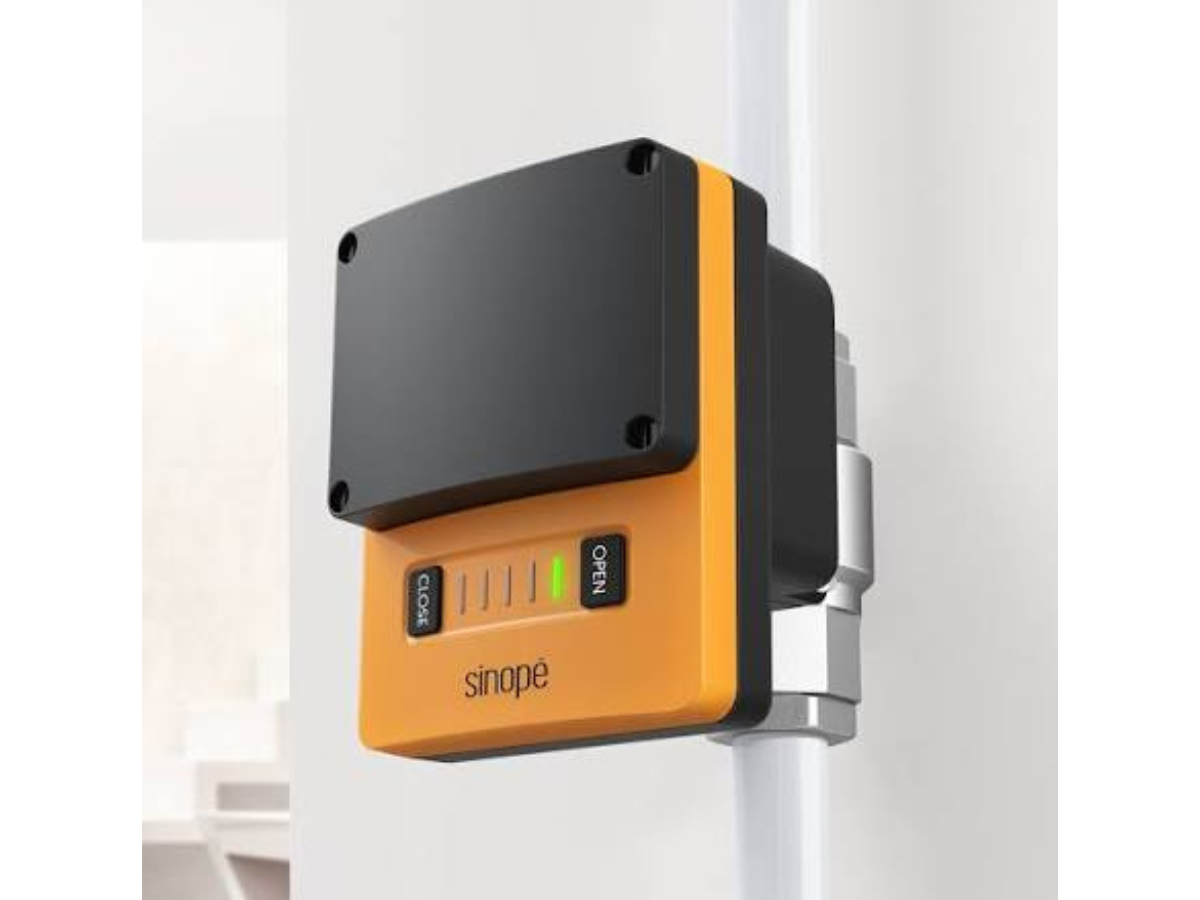 Close-up of a sedna by sinope smart water shutoff valve that Vision Plumbing Heating Cooling can install in Kelowna BC.